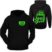 Load image into Gallery viewer, neon green  jeep girl hooded black sweatshirt 4x4 /// off road