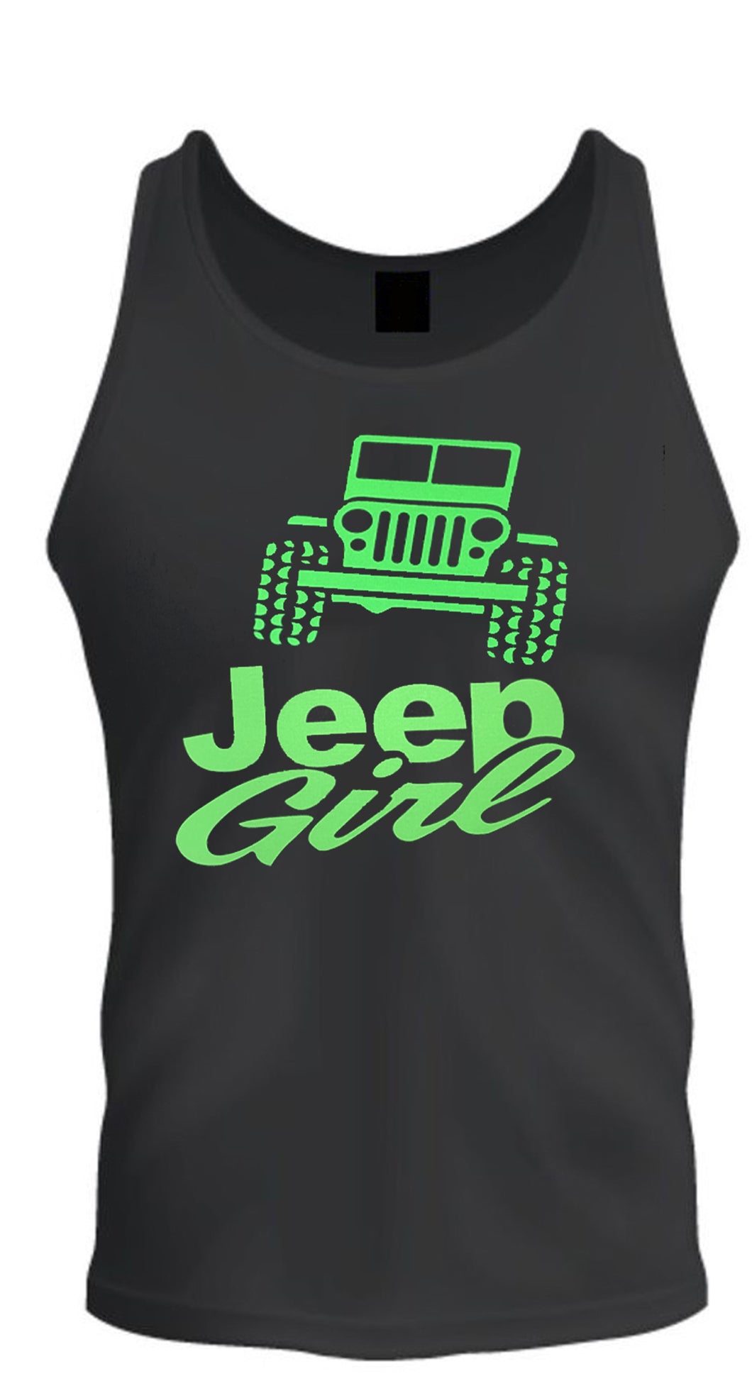 neon green jeep girl 4x4 /// off road s -2xl black tank top