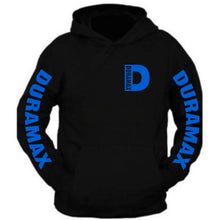 Load image into Gallery viewer, duramax blue pocket design color black hoodie hooded sweatshirt
