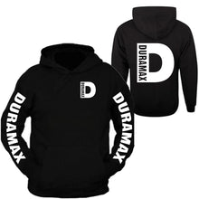 Load image into Gallery viewer, duramax white pocket design color black hoodie hooded sweatshirt front &amp; back