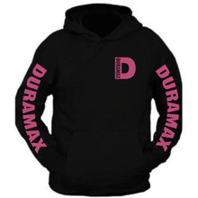 Load image into Gallery viewer, pink duramax pocket design color black hoodie hooded sweatshirt front the back is plain