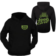 Load image into Gallery viewer, lime green jeep girl hooded black sweatshirt 4x4 /// off road