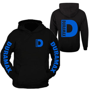 duramax blue pocket design color black hoodie hooded sweatshirt front & back