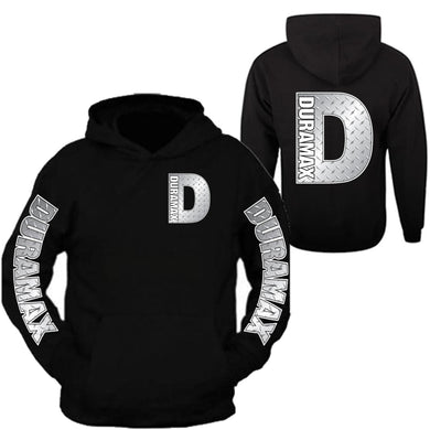 duramax silver metal chrome pocket design color black hoodie hooded sweatshirt front & back