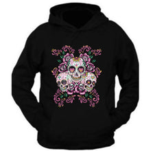 Load image into Gallery viewer, 3 sugar skull roses eyes day of the dead hoodie mexican gothic los muertos tee