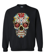 Load image into Gallery viewer, sugar skull roses eyes day of the dead mexican gothic los muertos  unisex black crewneck sweatshirt tee